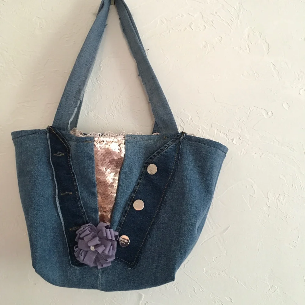 Denim Tote Bag Rose Gold Sequins Butterfly Patch